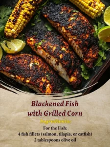 Blackened fish served with grilled corn on a plate