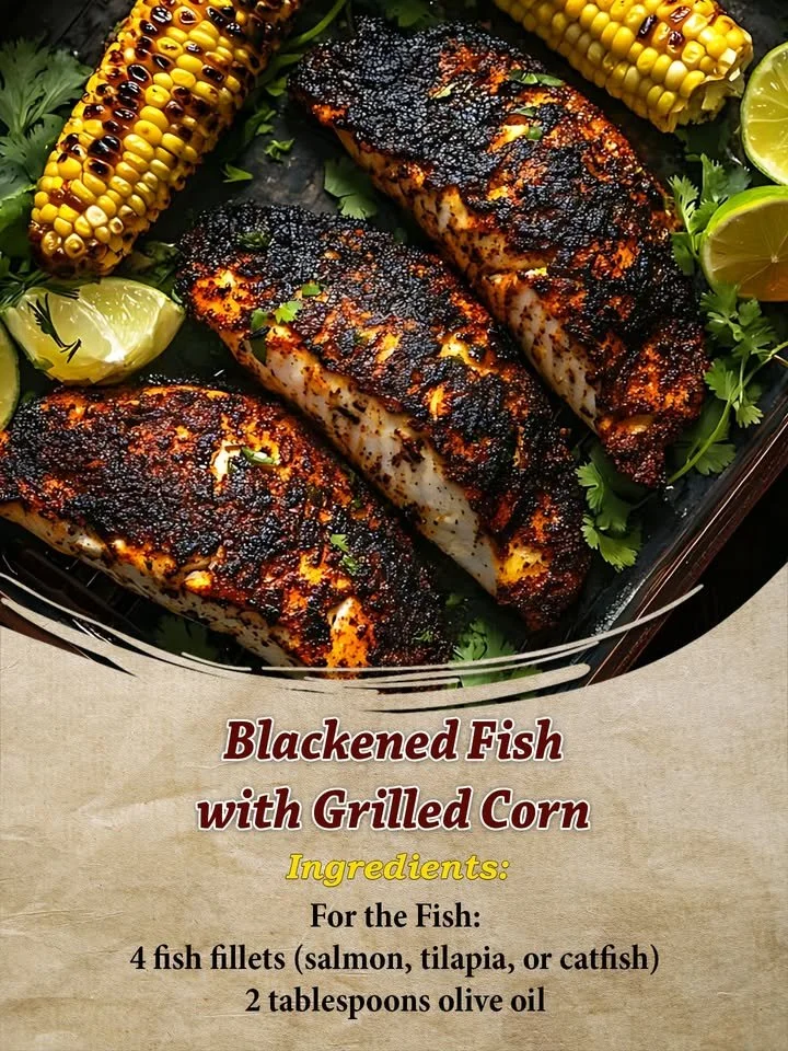 Blackened fish served with grilled corn on a plate