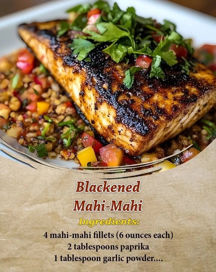 Delicious blackened Mahi-Mahi fillet served on a plate with fresh garnish.