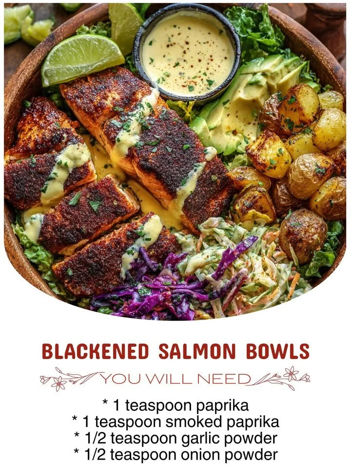Delicious blackened salmon bowls with vibrant vegetables and flavorful spices
