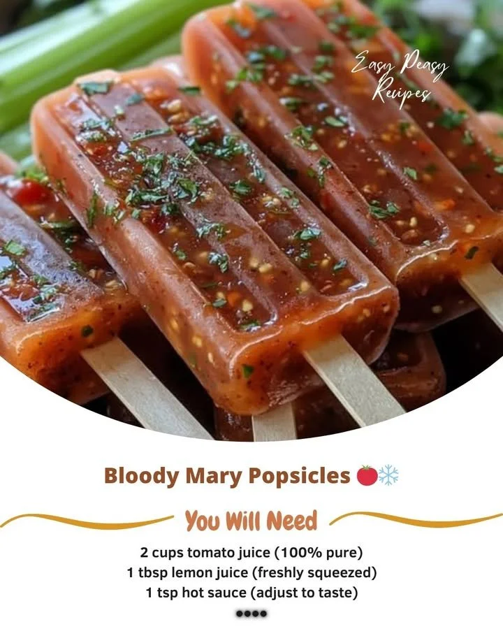 Bloody Mary Popsicles served on a wooden table with garnishes