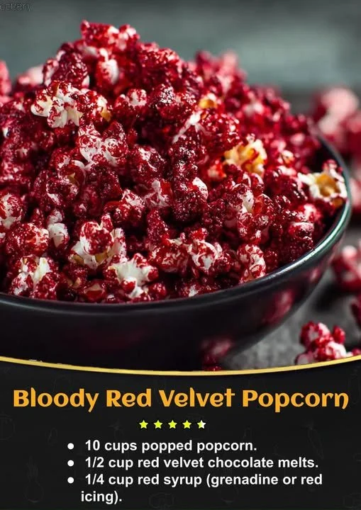 Delicious Bloody Red Velvet Popcorn drizzled with creamy icing and red sprinkles.