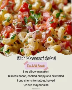 Delicious BLT macaroni salad with bacon, lettuce, and tomato mixed with pasta.