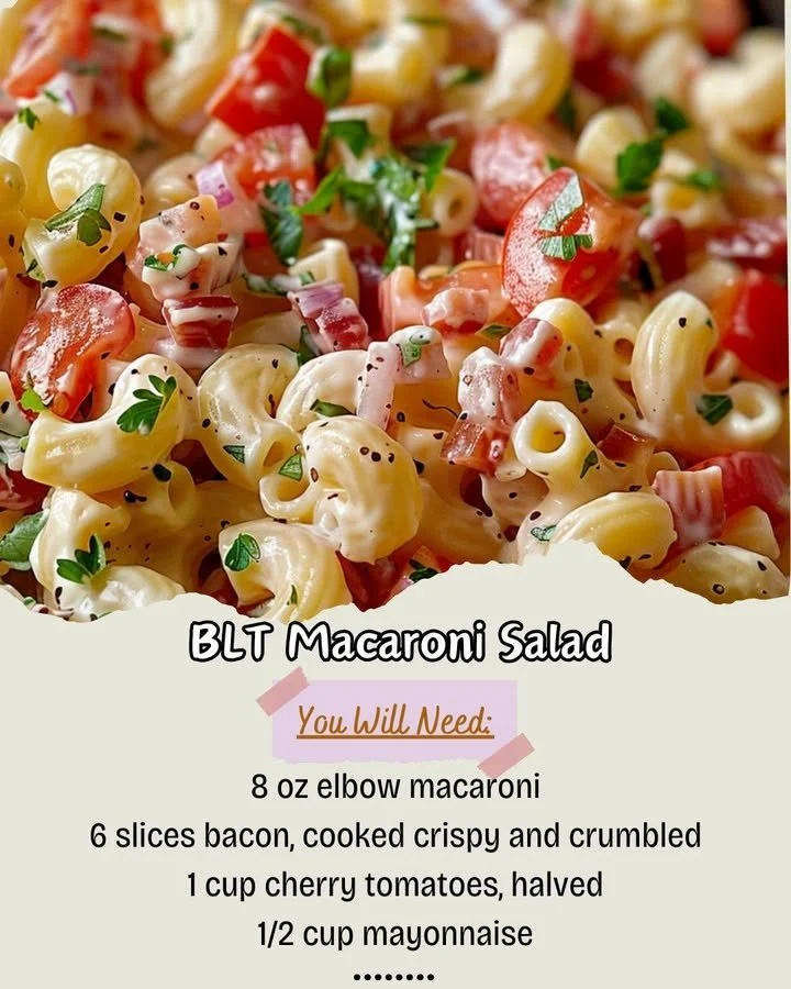 Delicious BLT macaroni salad with bacon, lettuce, and tomato mixed with pasta.