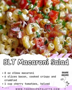 BLT Macaroni Salad with bacon, lettuce, and tomatoes in a creamy dressing