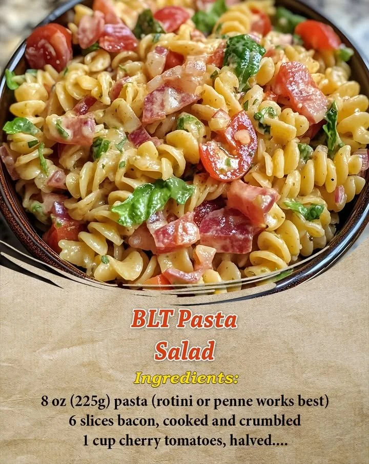 Delicious BLT Pasta Salad with bacon, lettuce, and tomatoes in a creamy dressing.