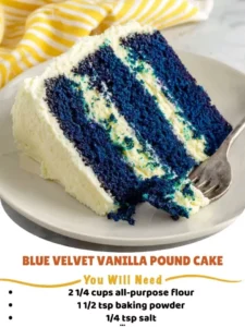 Slice of Blue Velvet Vanilla Pound Cake on a white plate