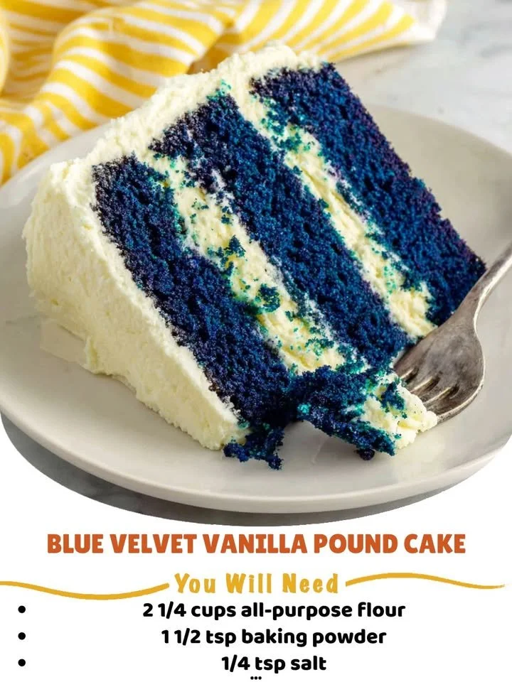 Slice of Blue Velvet Vanilla Pound Cake on a white plate