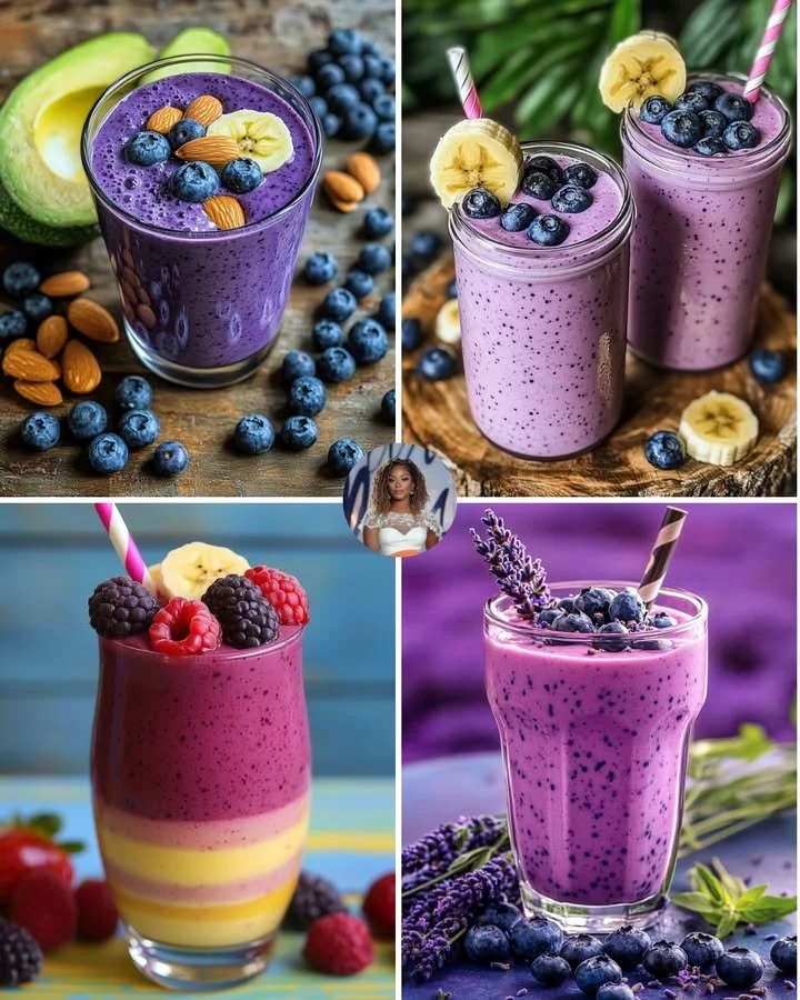 Blueberry Almond Protein Smoothie in a glass with fresh blueberries and almonds