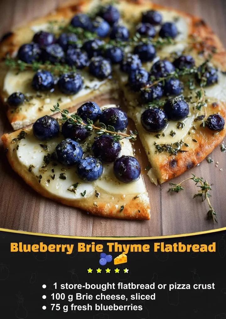 Blueberry Brie Flatbread topped with thyme and fresh blueberries