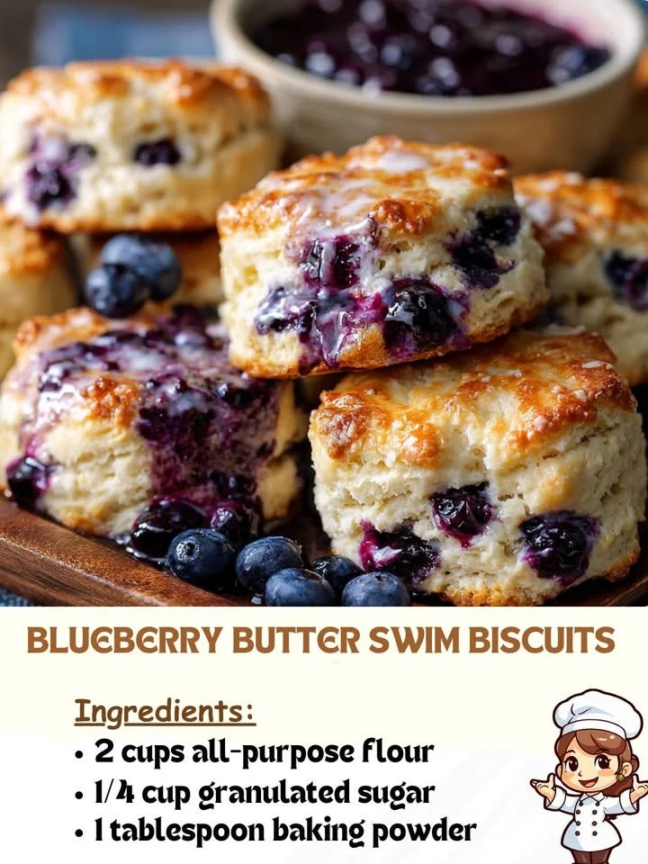 Freshly baked Blueberry Butter Swim Biscuits with blueberries and butter