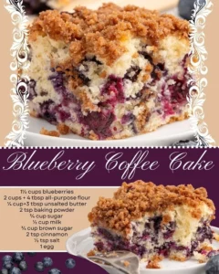Delicious Blueberry Coffee Cake on a plate with fresh blueberries