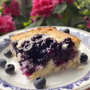 Delicious blueberry dump cake served with a scoop of vanilla ice cream