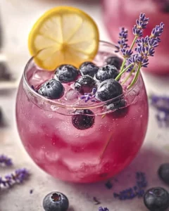 Refreshing blueberry lavender lemonade in a glass with ice and mint.