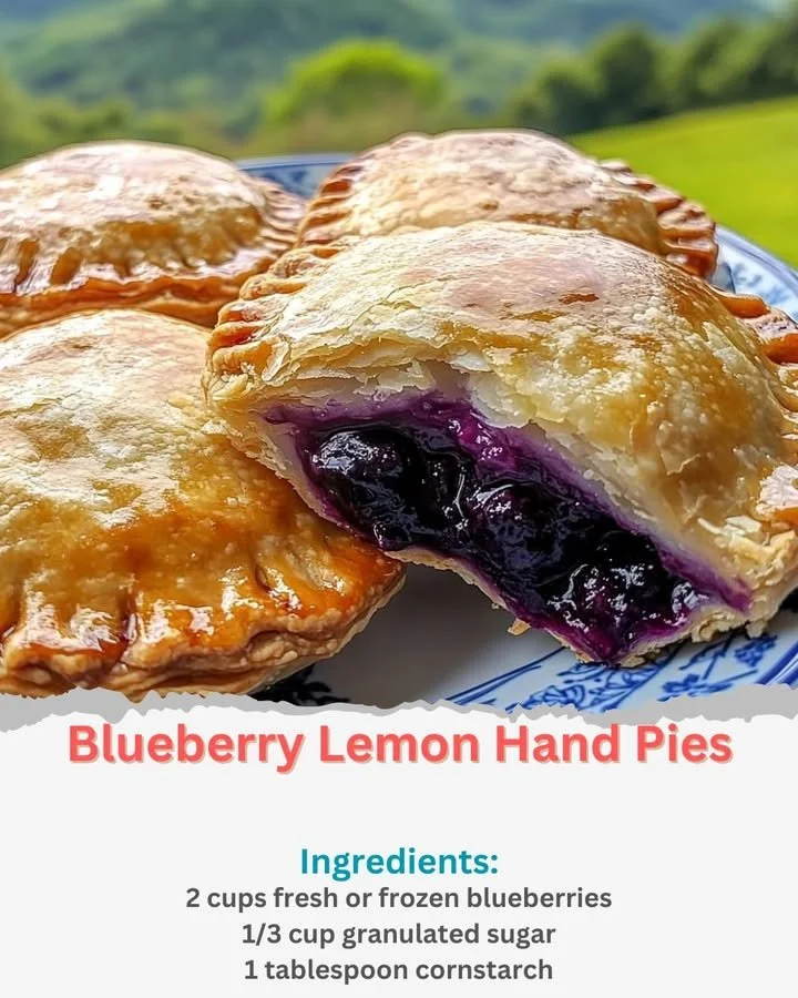 Fresh blueberry lemon hand pies on a wooden table, golden and flaky.