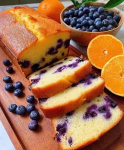 Freshly baked blueberry orange bread with blueberries and orange zest.