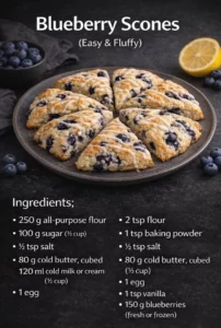 Freshly baked blueberry scones on a rustic wooden table