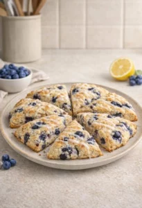 Freshly baked easy and fluffy blueberry scones on a plate