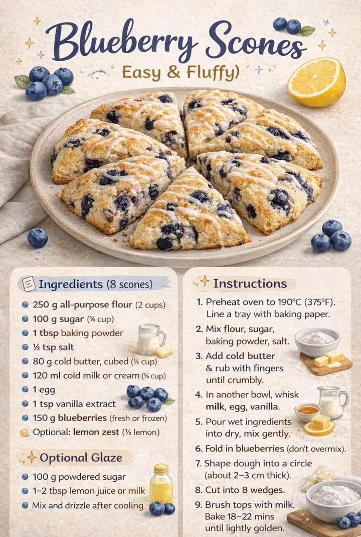 Fluffy blueberry scones fresh from the oven, topped with blueberries.