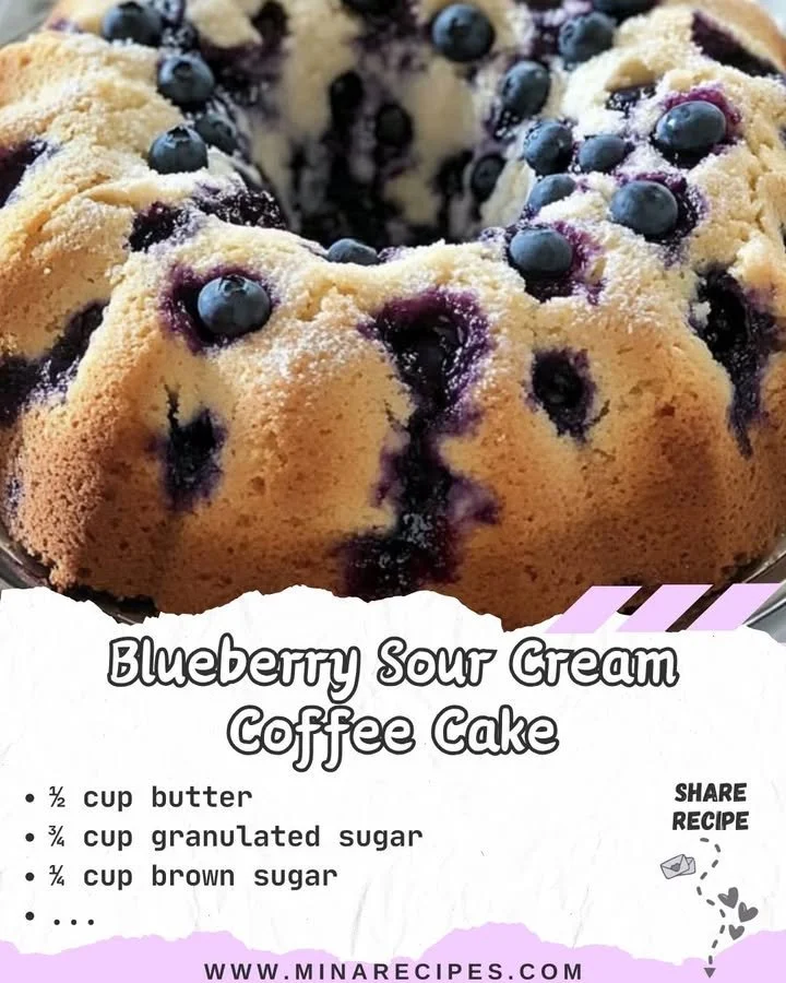 Blueberry Sour Cream Coffee Cake served with a cup of coffee