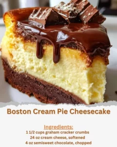 Delicious Boston Cream Pie Cheesecake topped with chocolate ganache