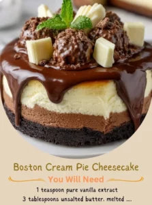 Boston Cream Pie Cheesecake topped with chocolate glaze and vanilla cream.