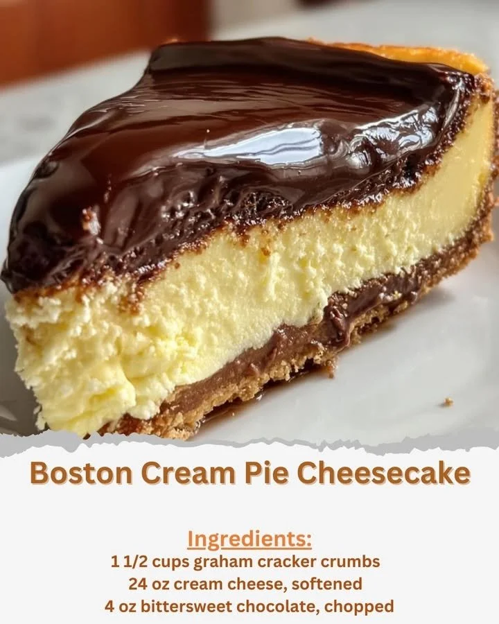 Delicious Boston Cream Pie Cheesecake with creamy chocolate topping and custard filling.
