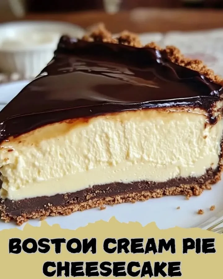 Delicious Boston Cream Pie Cheesecake topped with chocolate glaze and whipped cream