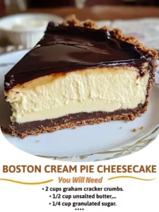 Delicious Boston Cream Pie Cheesecake with chocolate glaze and cream filling