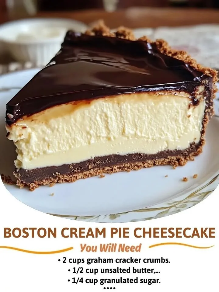 Delicious Boston Cream Pie Cheesecake with chocolate glaze and cream filling