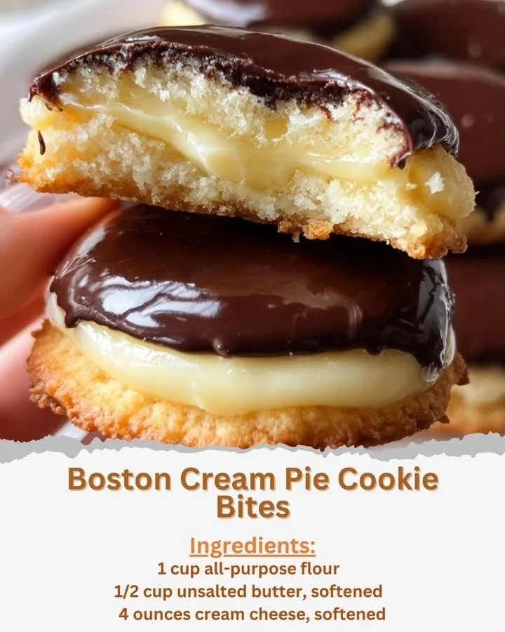 Boston Cream Pie Cookie Bites with chocolate and custard filling, a delightful dessert.