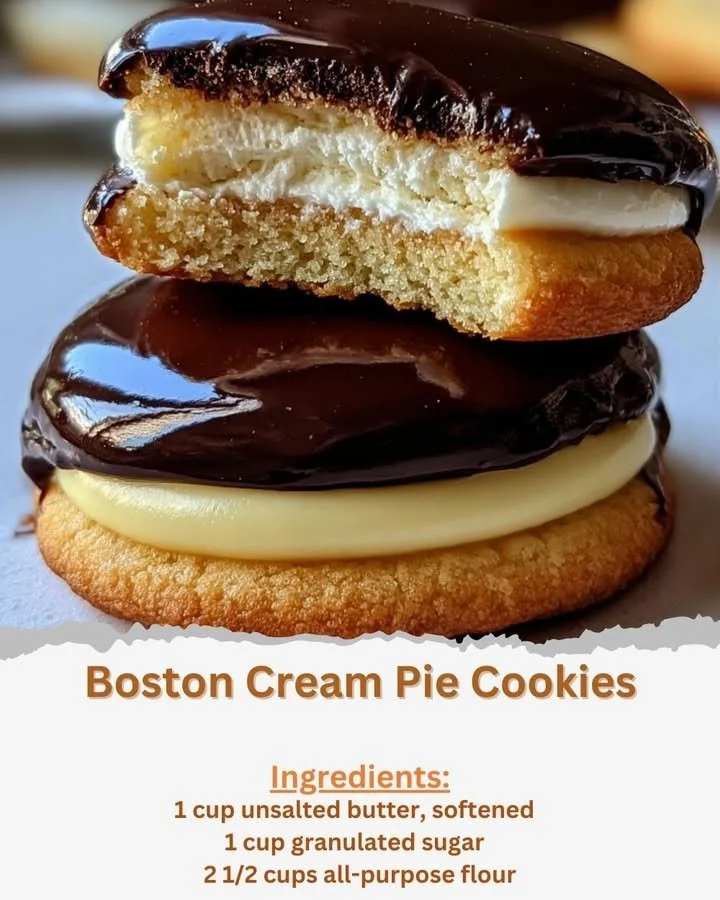 Boston Cream Pie Cookies on a white plate with chocolate glaze and whipped cream.