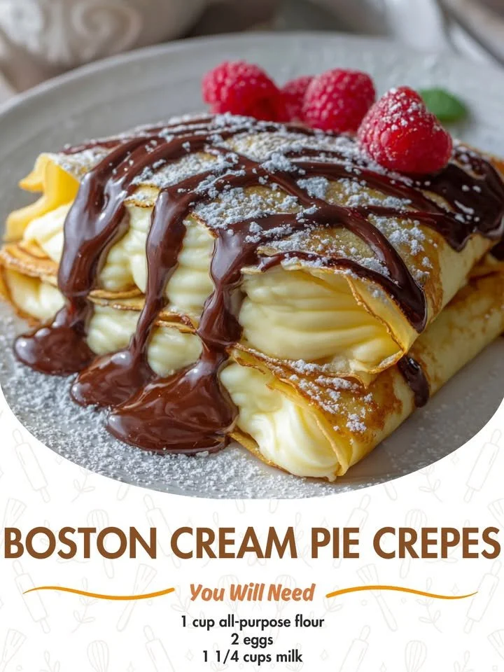Delicious Boston Cream Pie Crepes topped with chocolate glaze and cream filling.