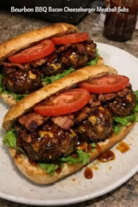 Bourbon BBQ meatball sub with bacon and melted cheese on a fresh bun