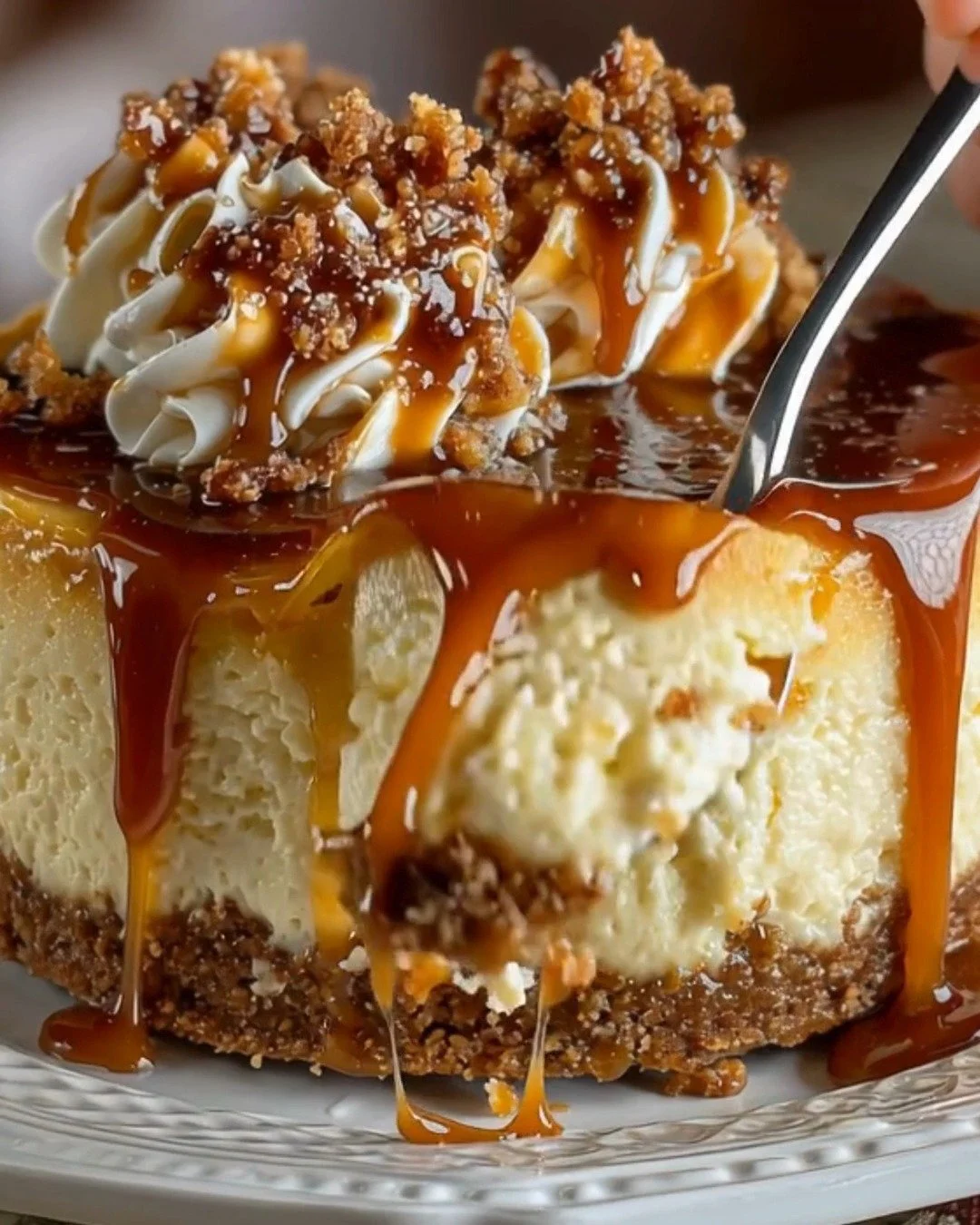 Delicious Bourbon Caramel Cheesecake topped with rich caramel drizzle