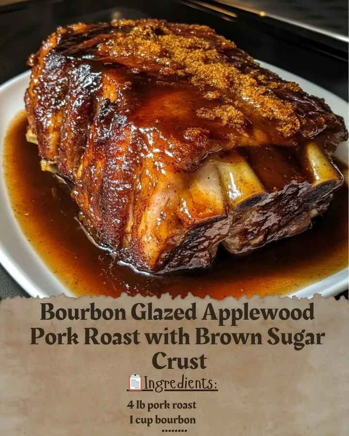 Bourbon glazed applewood pork roast with brown sugar crust served on a platter