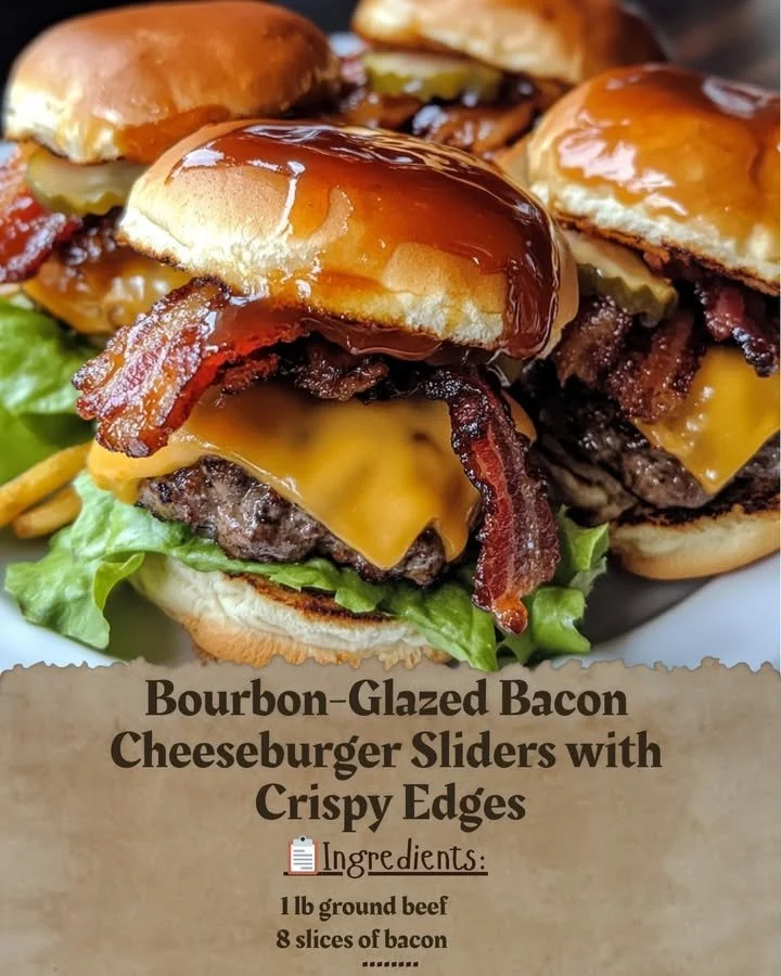 Bourbon-Glazed Bacon Cheeseburger Sliders with crispy edges on a wooden platter