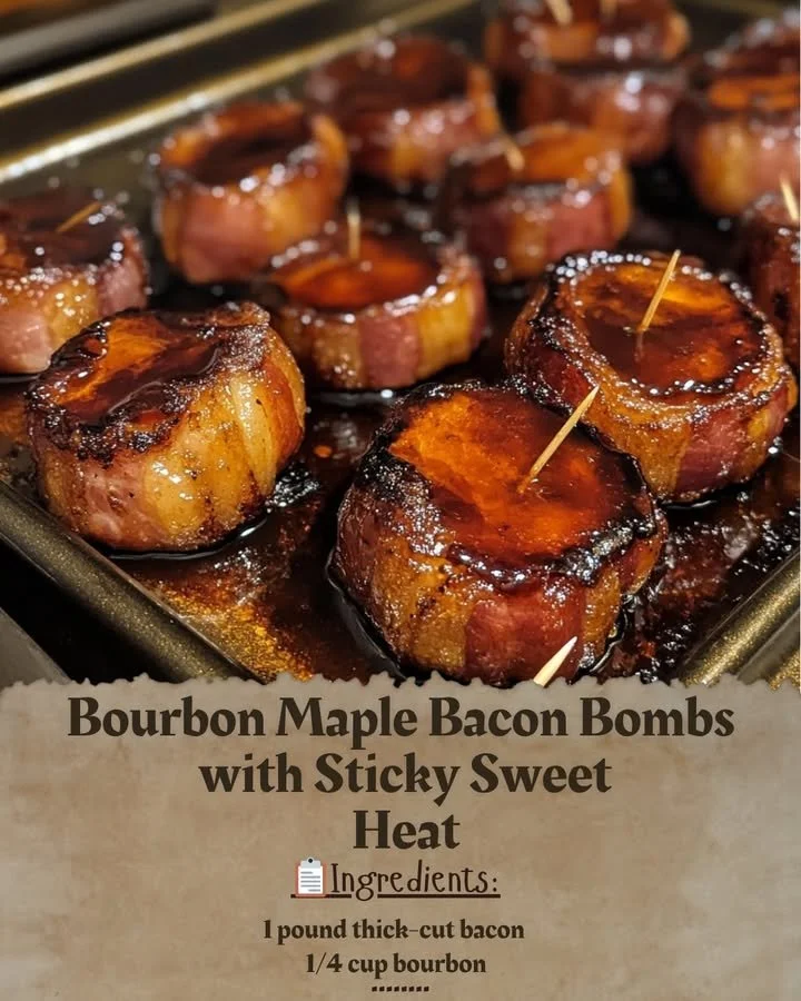 Delicious Bourbon Maple Bacon Bombs with sticky sweet glaze and spicy heat