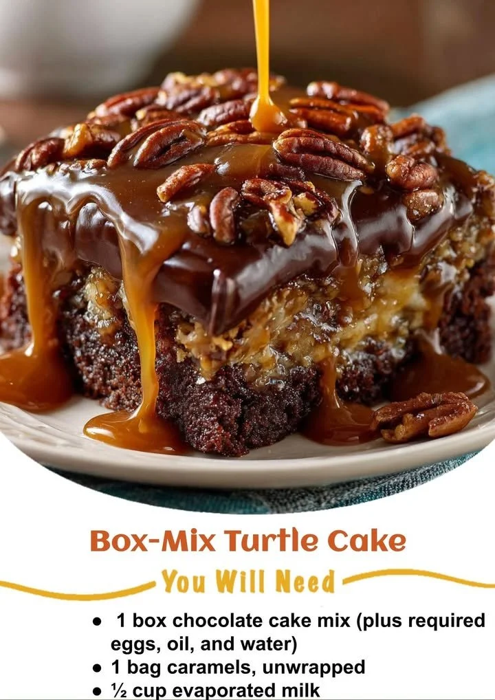 A mouth-watering Box-Mix Turtle Cake topped with chocolate, caramel, and pecans.