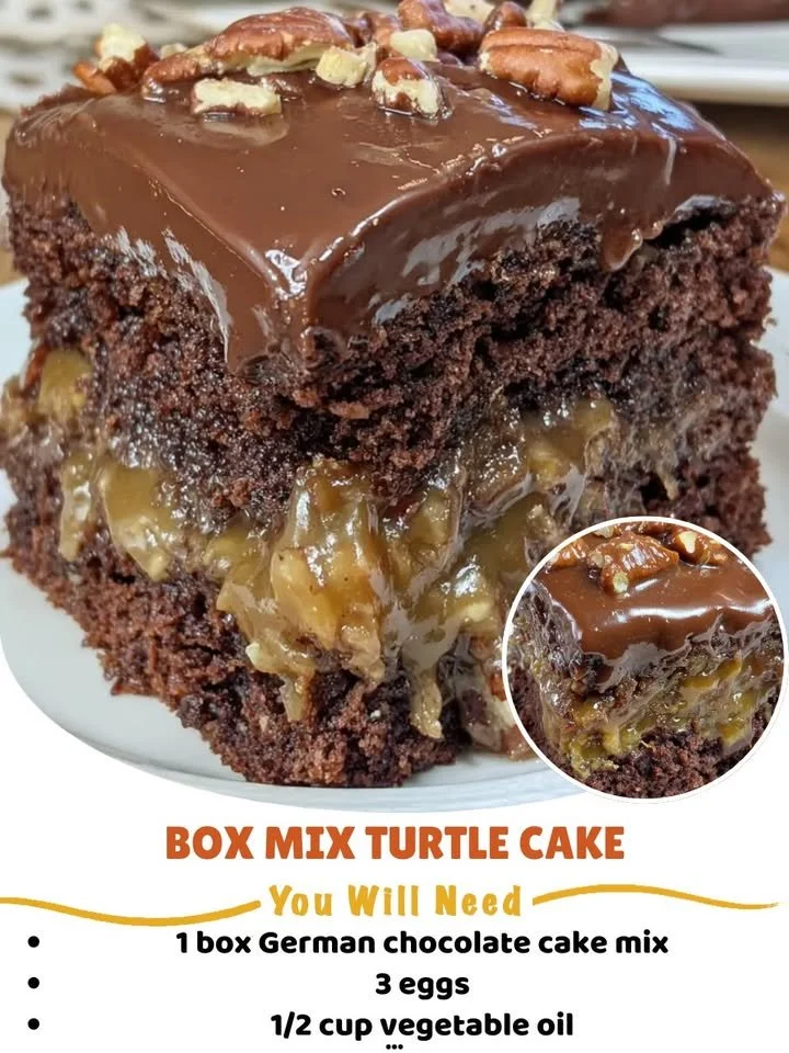 Delicious box mix turtle cake topped with caramel, chocolate, and pecans