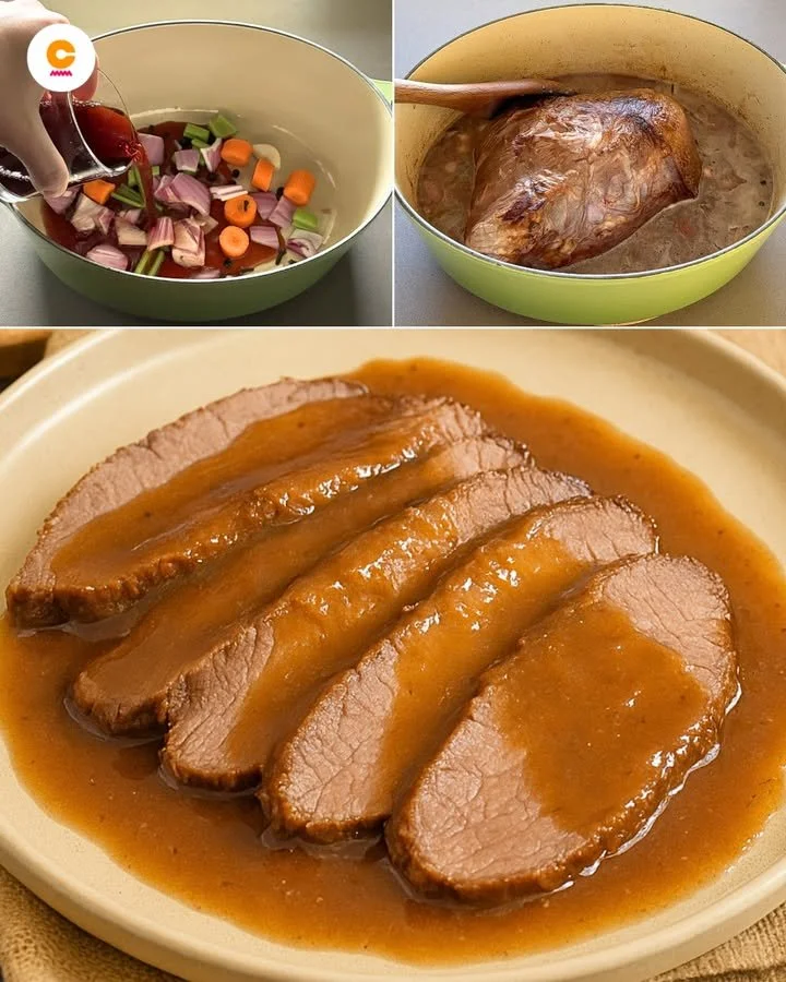 Delicious plate of braised beef served with vegetables and herbs.