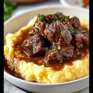 Delicious braised beef served in sauce with homemade mashed potatoes