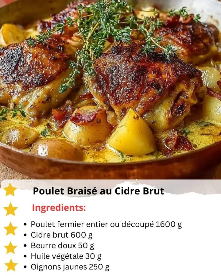 Delicious braised chicken cooked in dry cider with herbs and spices.