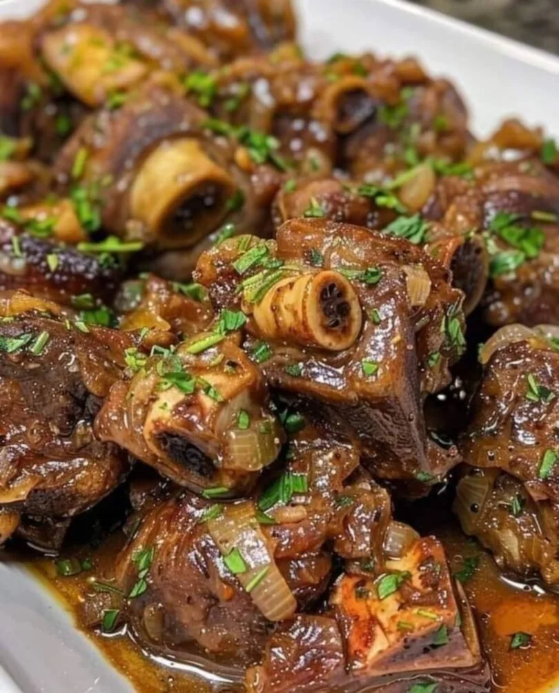 Delicious braised oxtails served with vegetables in a rich sauce