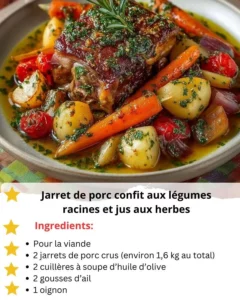 Delicious braised pork hock served with root vegetables and herb sauce