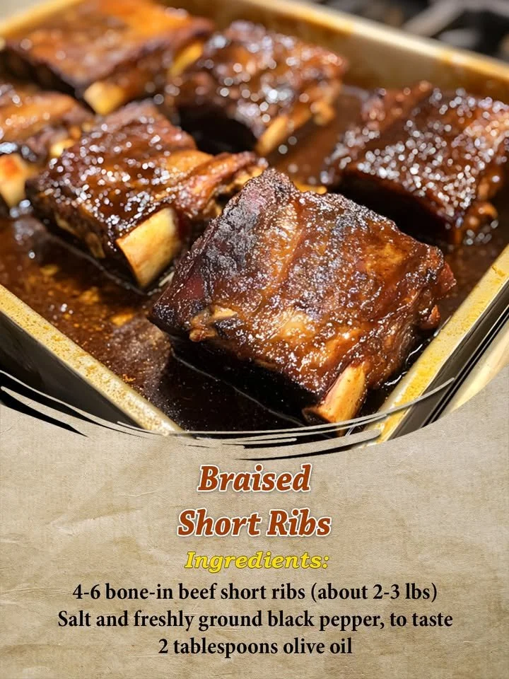 Deliciously cooked braised short ribs garnished with herbs and served on a plate.