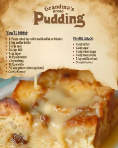 Delicious bread pudding drizzled with creamy vanilla sauce