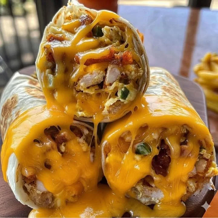 Delicious breakfast burritos filled with eggs, cheese, and sausage on a plate