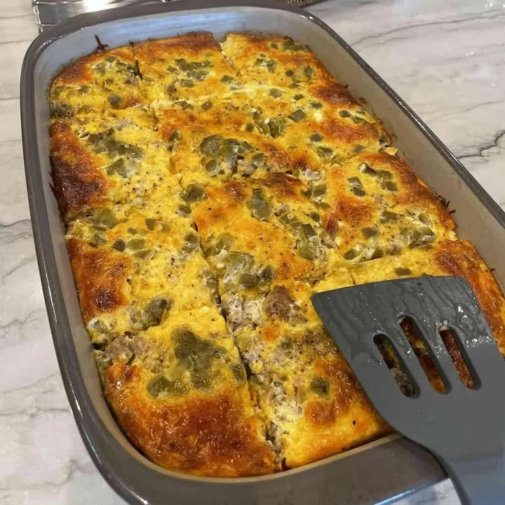 Delicious breakfast casserole baked to perfection with eggs and toppings