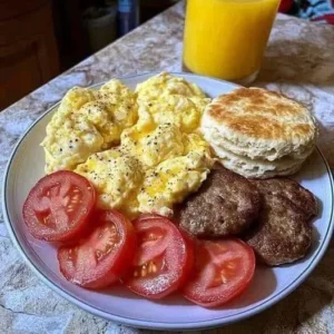 Breakfast feast with scrambled eggs, sausage patties, biscuits, and tomatoes